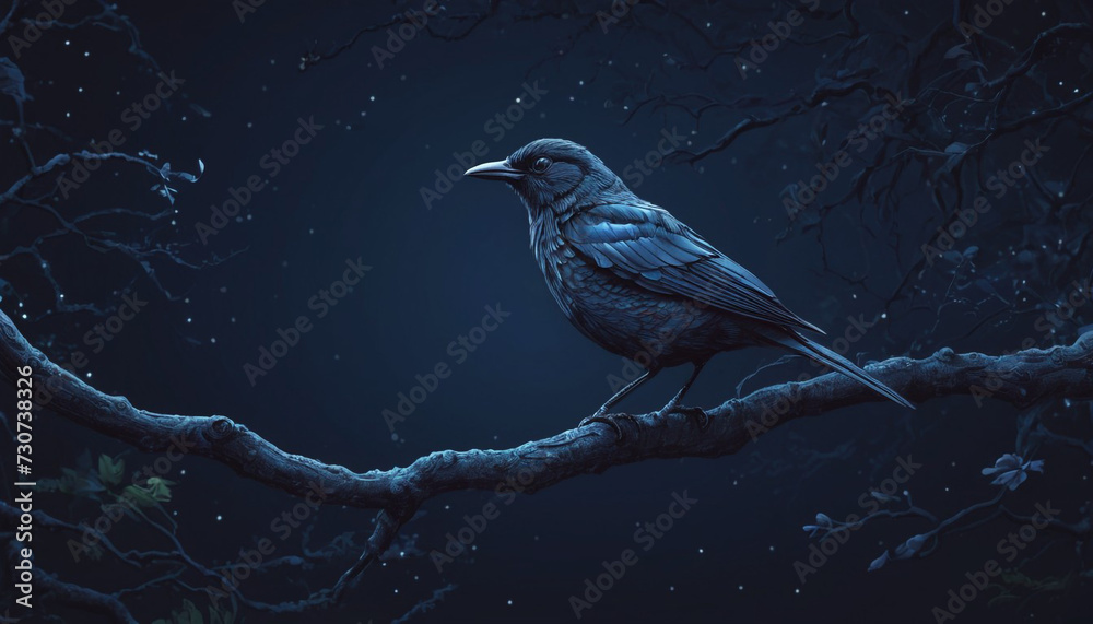 bird standing on a branch in the beautiful night 19 - obrazy, fototapety, plakaty 
