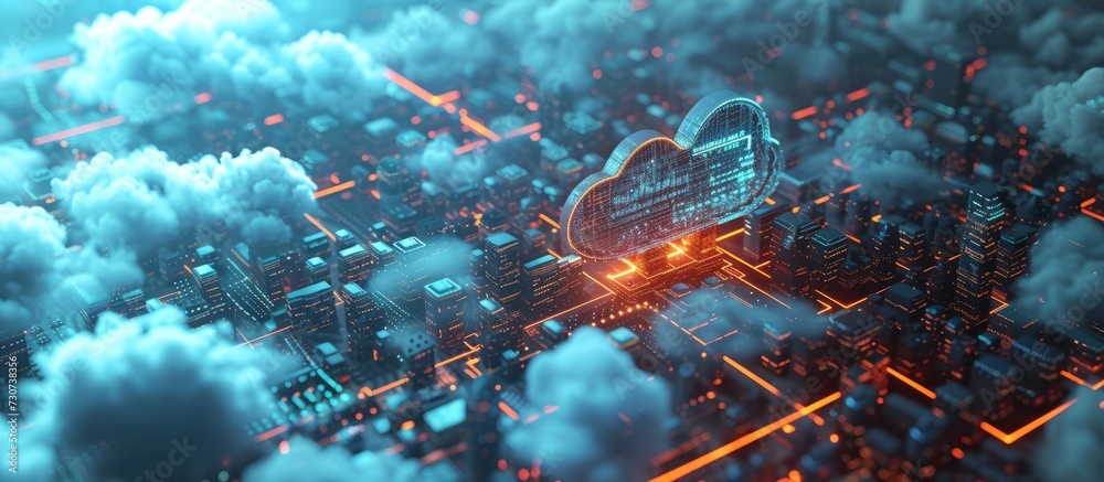 3D rendering of a futuristic metaverse and smart city in the cyberspace, consisting of digital data and advanced technology, including internet, big data, cloud computing, 5G connectivity, and data