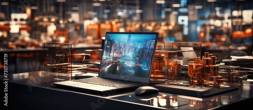 blurred background of electronics department store, television and laptop Computer