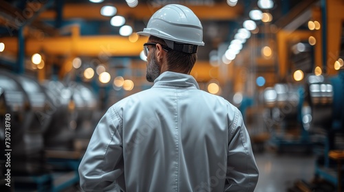 Worker in safety gear standing before a Watch Manufacturing Plant. Generative AI.