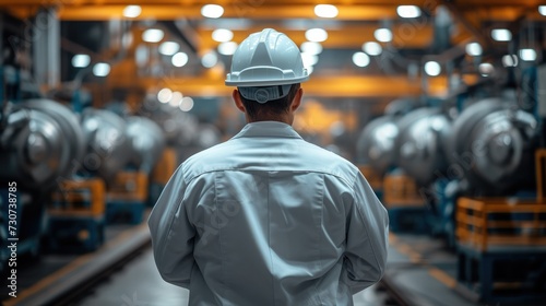 Worker in safety gear standing before a Watch Manufacturing Plant. Generative AI.