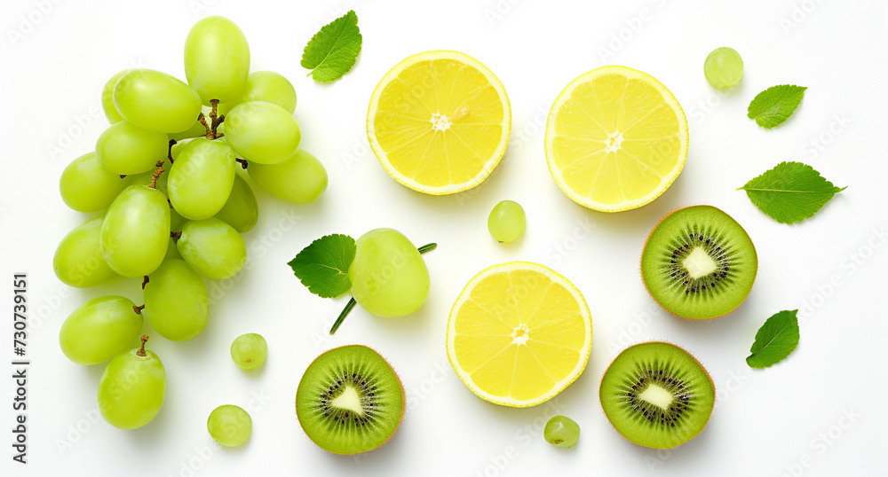 Still life of fruits of green shade on white background. Banner with space for copying.