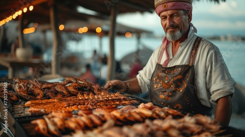 A man in traditional dress standing next to a barbecue where both meat and seafood are being prepared. Generative AI.