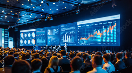 A finance technology conference with keynote speakers and a large audience, large screens displaying financial analytics, capturing the essence of knowledge sharing in fintech, event.