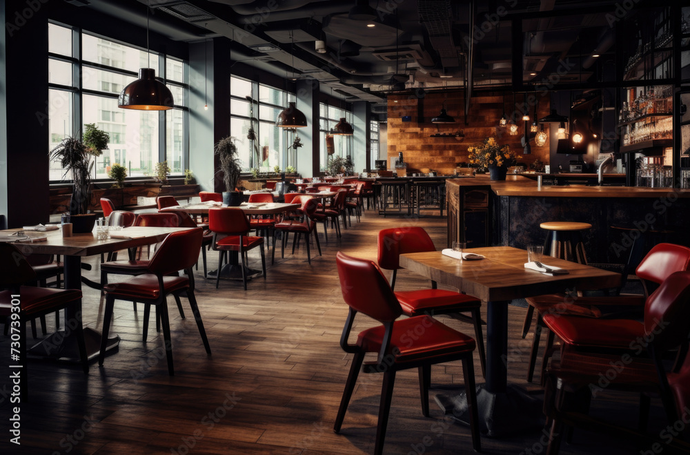 Cozy wooden interior of restaurant, copy space. Comfortable modern dining place, contemporary design background