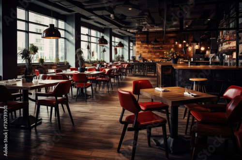 Cozy wooden interior of restaurant, copy space. Comfortable modern dining place, contemporary design background © Ruslan Gilmanshin