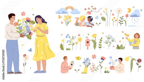 Hand drawn flat spring icons illustration set with people and blooming flowers
