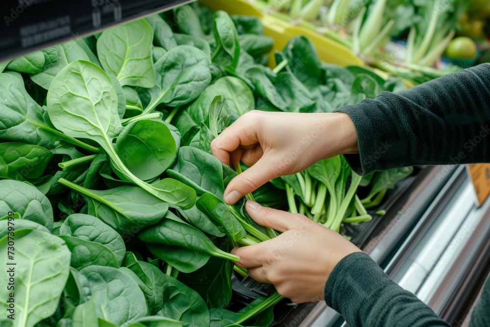 person picking up fresh spinach from the produce section person picking up fresh spinach from the produce section