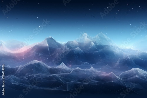 A digital, geometric representation of a mountain range under a starry sky, with polygonal facets in shades of blue and pink.