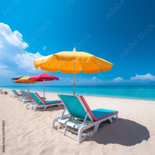 A vibrant beach setup with colorful umbrellas and sun loungers on pristine white sand against a backdrop of a clear turquoise sea and blue sky.