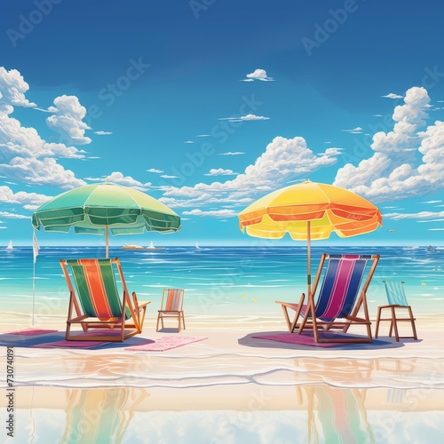 A whimsical  animated beach scene with cartoon-like umbrellas and chairs on the shore  reflecting in the clear  calm waters under a sunny sky.