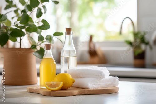 A serene home setting with natural cleaning products on a wooden board, including a glass bottle of yellow liquid, a transparent bottle of liquid white towels.