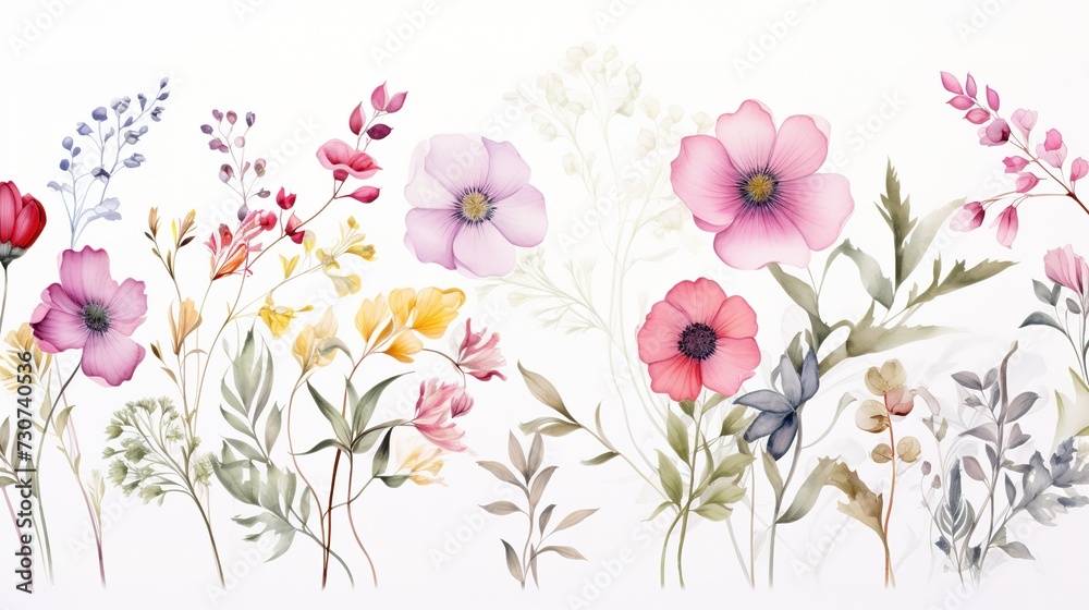 Watercolor Transparent floral pattern isolated on white background, generative ai, 