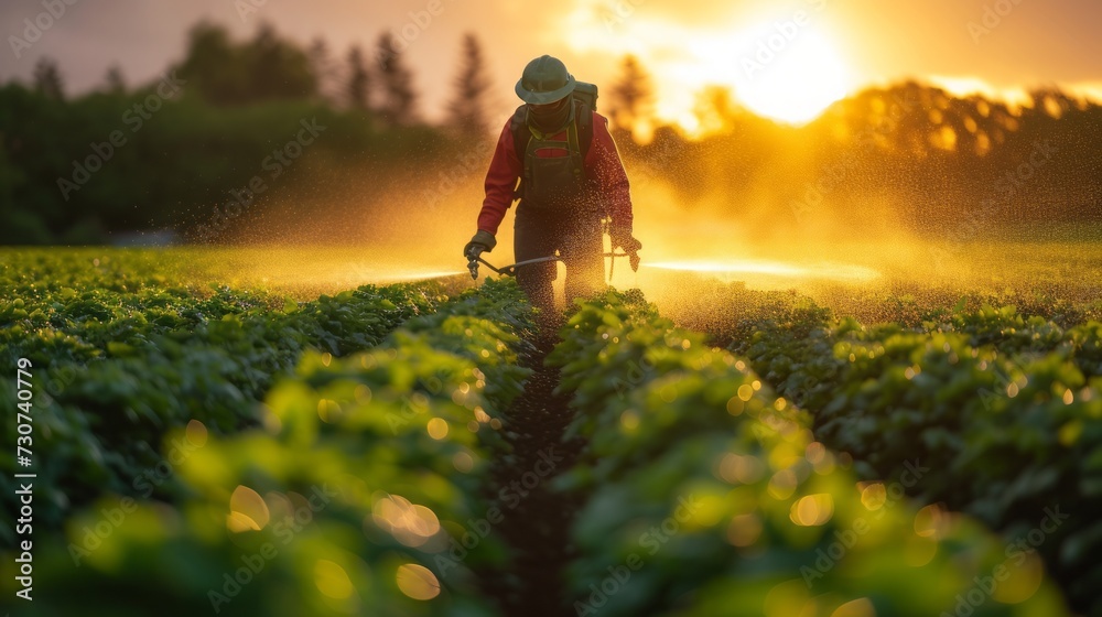 Fototapeta premium A farmers fertilizing or spraying pesticides on growing tobacco fields. farmers planting tobacco season. Agriculture tobacco leaves Farming