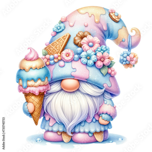 Cute Ice Cream Gnome Clipart | Whimsical Summer IllustrationFestive Gnome Clipart with Ice Cream Cone | Fun Cartoon CharacterSweet Ice Cream Gnome Cartoon Clipart  on a white isolated background.	 photo
