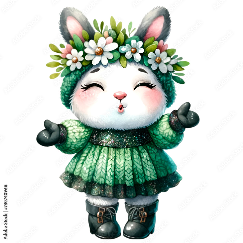 Cute Bunny making kissing face gesture watercolor on Earth day. Rabbit cartoon character wearing green knit dress. Cute Bunny making kissing face gesture watercolor on Earth day. Rabbit cartoon character wearing green knit dress.