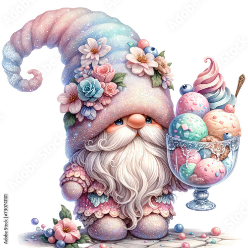 Cute Ice Cream Gnome Clipart | Whimsical Summer IllustrationFestive Gnome Clipart with Ice Cream Cone | Fun Cartoon CharacterSweet Ice Cream Gnome Cartoon Clipart  on a white isolated background.	 photo