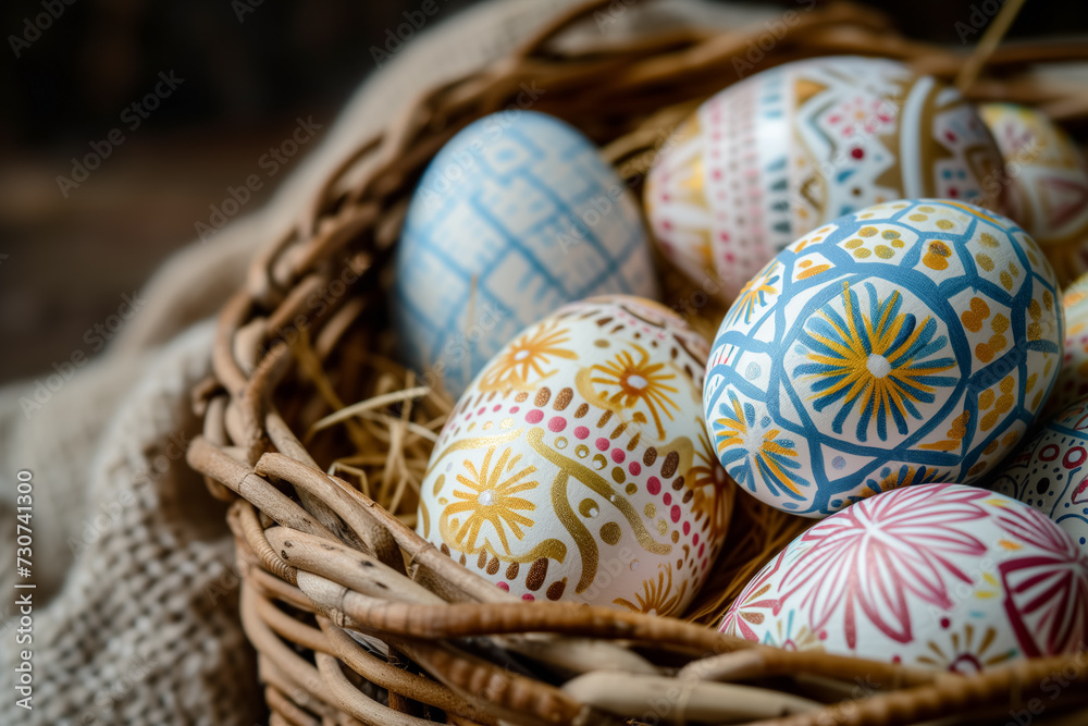 folk hand painted Easter eggs in wicker basket close-up. Easter card