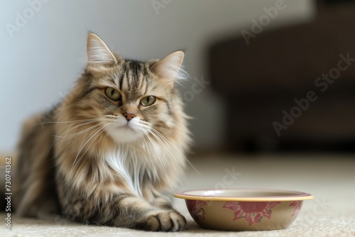 cat sitting next to an empty bowl looking at the camera