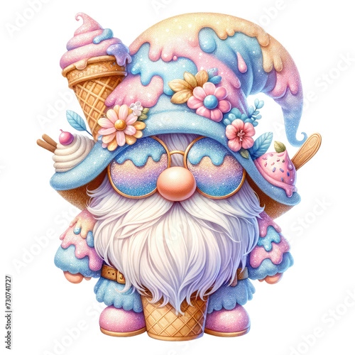 Cute Ice Cream Gnome Clipart | Whimsical Summer IllustrationFestive Gnome Clipart with Ice Cream Cone | Fun Cartoon CharacterSweet Ice Cream Gnome Cartoon Clipart  on a white isolated background.	 photo