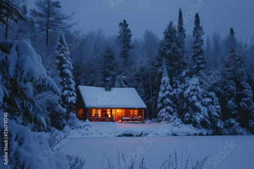 Cozy winter cabin surrounded by snow-covered trees. Winter tranquility. © Postproduction