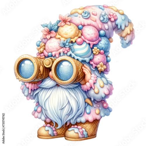 Cute Ice Cream Gnome Clipart | Whimsical Summer IllustrationFestive Gnome Clipart with Ice Cream Cone | Fun Cartoon CharacterSweet Ice Cream Gnome Cartoon Clipart  on a white isolated background.	 photo
