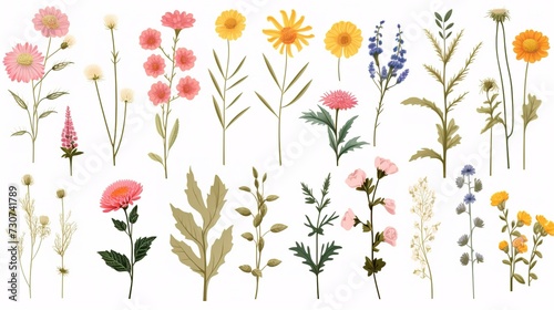 Wild flowers vector collection. herbs, herbaceous flowering plants, blooming flowers, subshrubs isolated on white background. Hand drawn detailed botanical vector illustration., generative ai, 