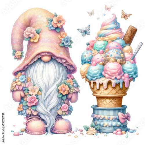 Cute Ice Cream Gnome Clipart | Whimsical Summer IllustrationFestive Gnome Clipart with Ice Cream Cone | Fun Cartoon CharacterSweet Ice Cream Gnome Cartoon Clipart on a white isolated background.	 photo