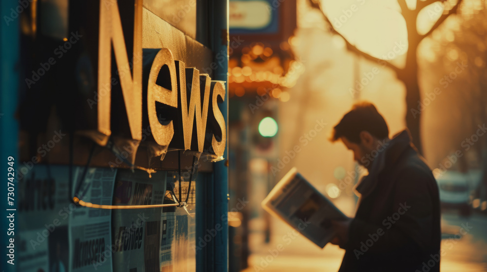 News concept image with News sign and man reading a newspaper - obrazy, fototapety, plakaty 