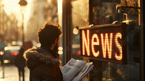 News concept image with News sign and man reading a newspaper