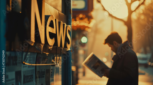News concept image with News sign and man reading a newspaper photo
