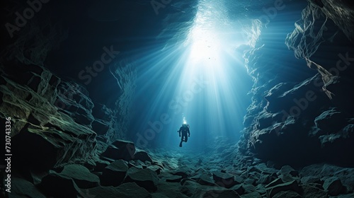 An image of a diver exploring an underwater cave captures the adventure and mystery of scuba diving, suitable for marine tourism or adventure sports marketing.
