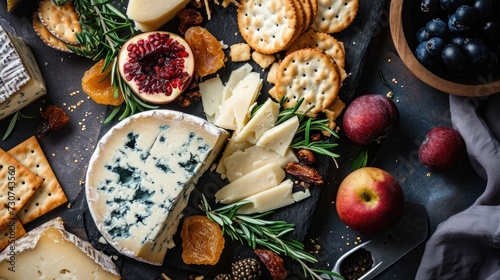 Cheese platter with blue cheese as the centerpiece. Artisanal crackers, dried fruits