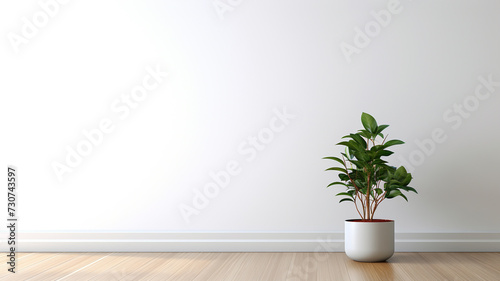 empty white room with a wooden floor and a potted plant