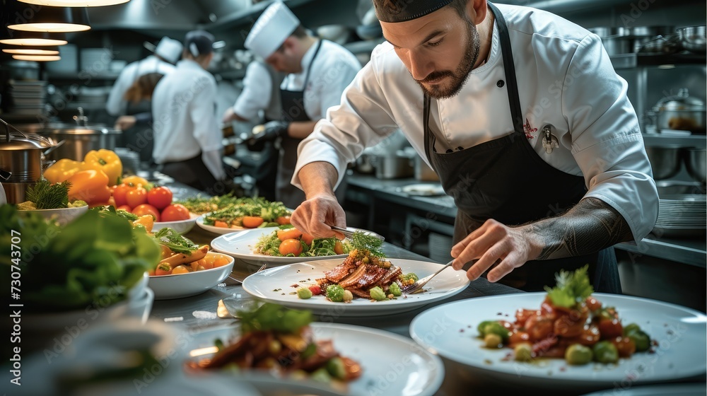 A chefs meticulously plating dishes in a high-end restaurant kitchen in action with surrounded by an array of fresh ingredient. Generative AI. A chefs meticulously plating dishes in a high-end restaurant kitchen in action with surrounded by an array of fresh ingredient. Generative AI.