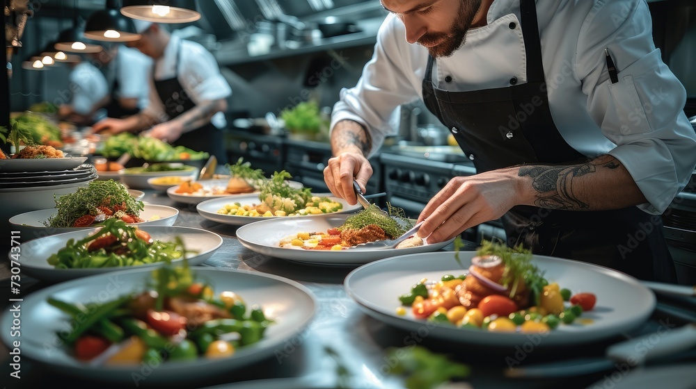 A chefs meticulously plating dishes in a high-end restaurant kitchen in action with surrounded by an array of fresh ingredient. Generative AI.