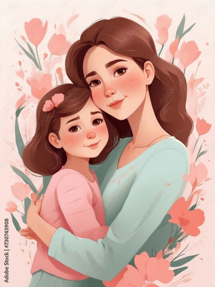 mother and daughter hugging simple cute illustration in pink for Mother's day Card Design