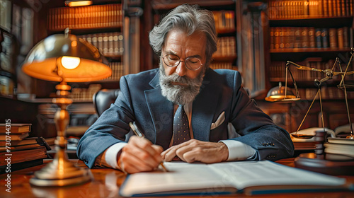 Portrait of an old man judge or lawyer in the library. Law and justice concept