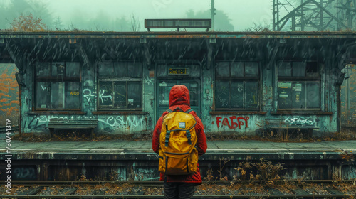 Traveler with backpack on the platform of the railway station