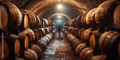 Wine Cellar Adventure: A Man Exploring the Hidden Passage of Barrels Generative AI photo