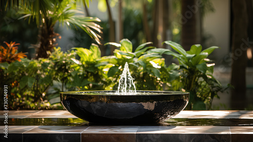 Illustration of water garden decoration in modern home. Surrounded by lush greenery represent the nature that is brought to the modern home. It can be an inspiration for designing a garden landscape.