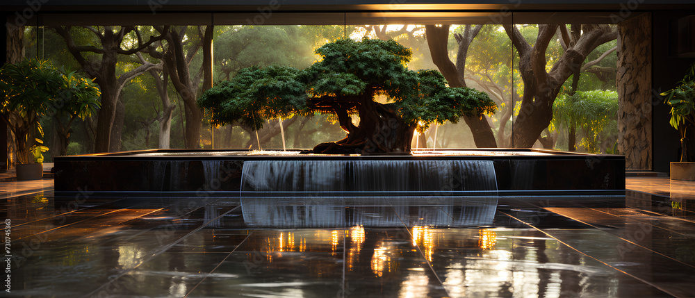 Illustration of water garden decoration in modern home. Surrounded by ...