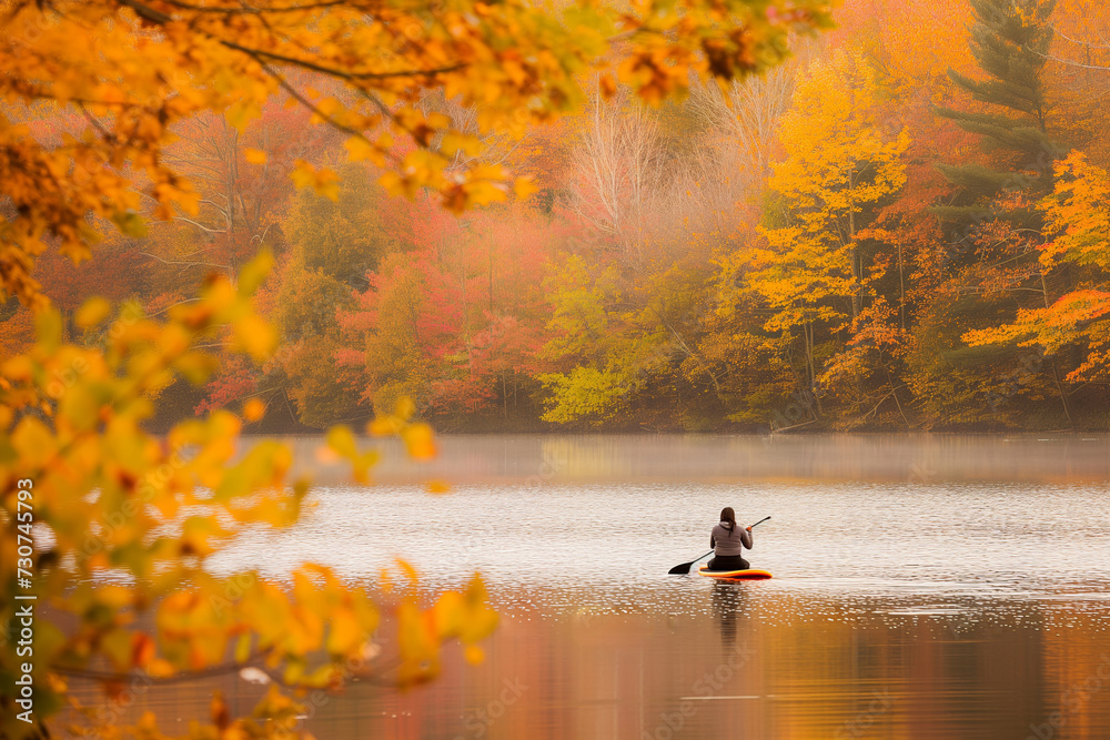 person sitting on paddleboard on a lake surrounded by fall foliage
