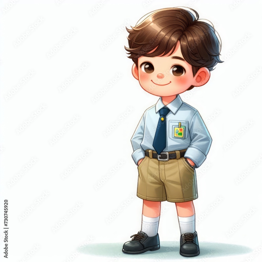 2d watercolor illustration of a child wearing an elementary school uniform, Indonesian elementary school uniform