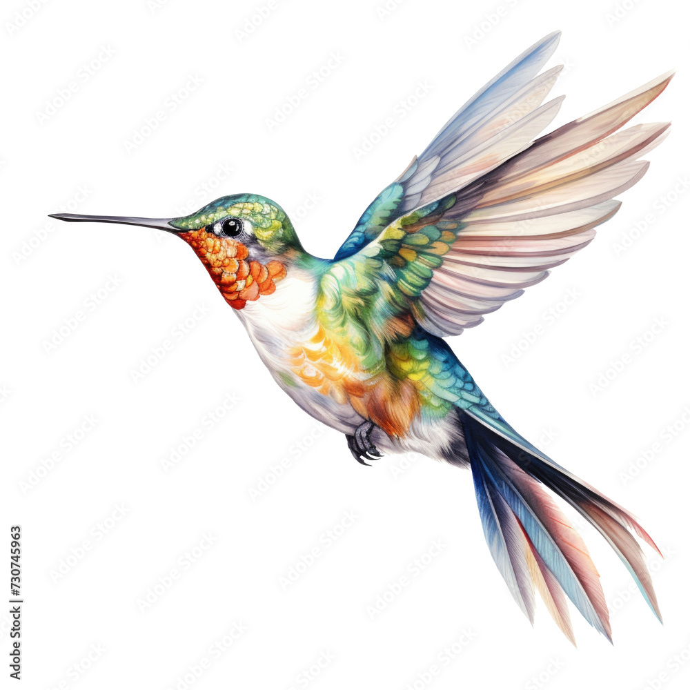Flying hummingbird watercolor illustration. Drawing of colored colibri bird