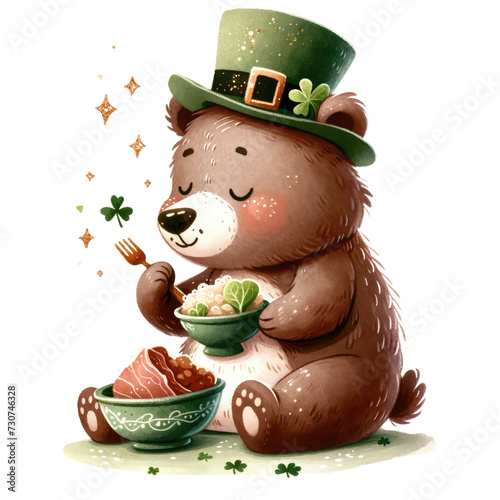 Ice St Patrick Teddy Bear Clipart: Festive Irish Holiday IllustrationCute Ice Bear St. Patrick's Day Clipart for Winter CelebrationsWhimsical St. Patrick Teddy Bear  on a white isolated background.	 photo