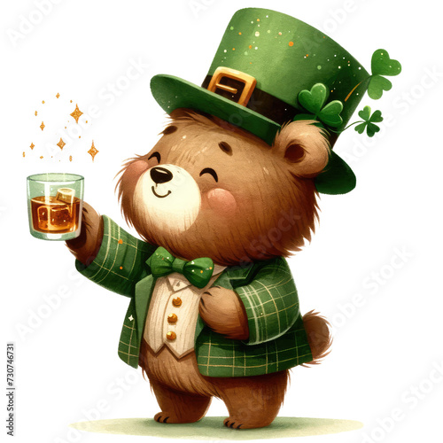 Ice St Patrick Teddy Bear Clipart: Festive Irish Holiday IllustrationCute Ice Bear St. Patrick's Day Clipart for Winter CelebrationsWhimsical St. Patrick  on a white isolated background.	 photo