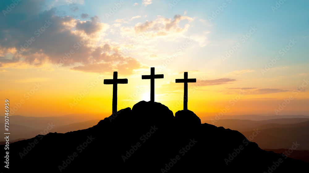 Silhouette of three crosses on a rock with sunset in the background. Easter concept. Silhouette of three crosses on a rock with sunset in the background. Easter concept.