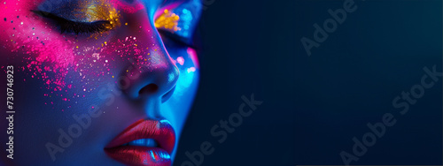 High fashion model woman's face in colorful bright neon UV blue and purple lights. Beautiful girl posing in the Studio, glowing makeup, colorful makeup. Glitter bright neon makeup.