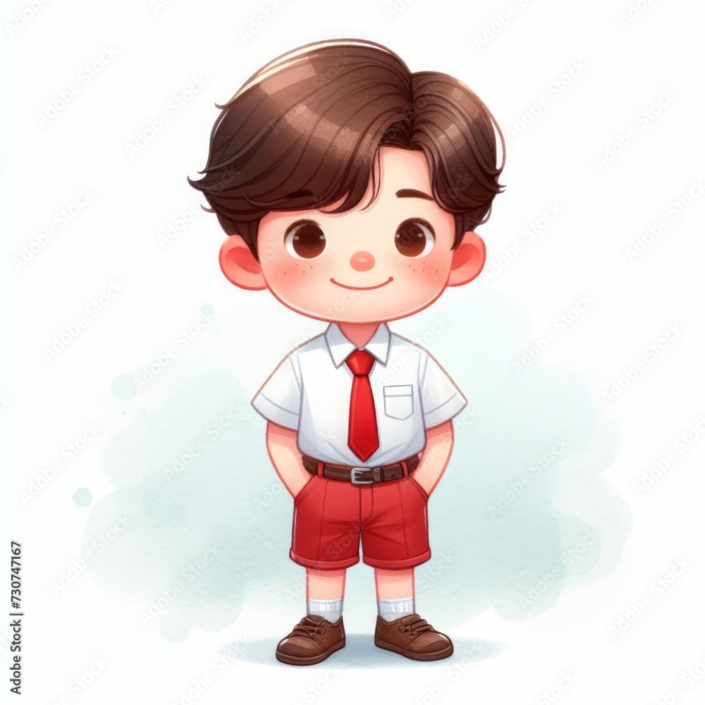 2d watercolor illustration of a child wearing an elementary school uniform, Indonesian elementary school uniform 2d watercolor illustration of a child wearing an elementary school uniform, Indonesian elementary school uniform